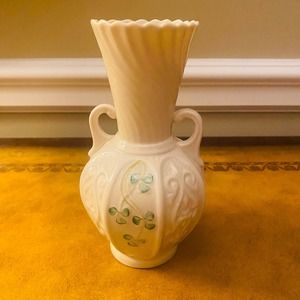 Belleek Ireland Shamrock Celtic Vase with Harp Shaped Twin Handles 1980s